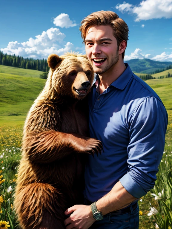 sandwiched, , 1boys, a bear, a grizzly bear, hetero, twosome, boy is putin, a big grizzly, men hugging the bear , size difference, height difference, a growl, a predatory grin, horror, screaming, spring, green lawn, rolling hills, detailed character design, Resolution: 4k, best quality, masterpiece, high resolution, 