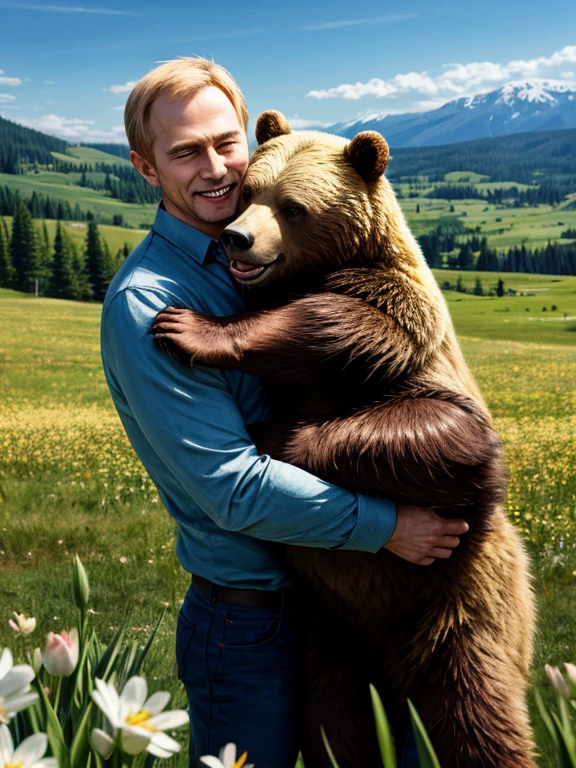 sandwiched, , 1boys, a bear, a grizzly bear, hetero, twosome, boy is putin, a big grizzly, men hugging the bear , size difference, height difference, a growl, a predatory grin, horror, screaming, spring, green lawn, rolling hills, detailed character design, Resolution: 4k, best quality, masterpiece, high resolution, 