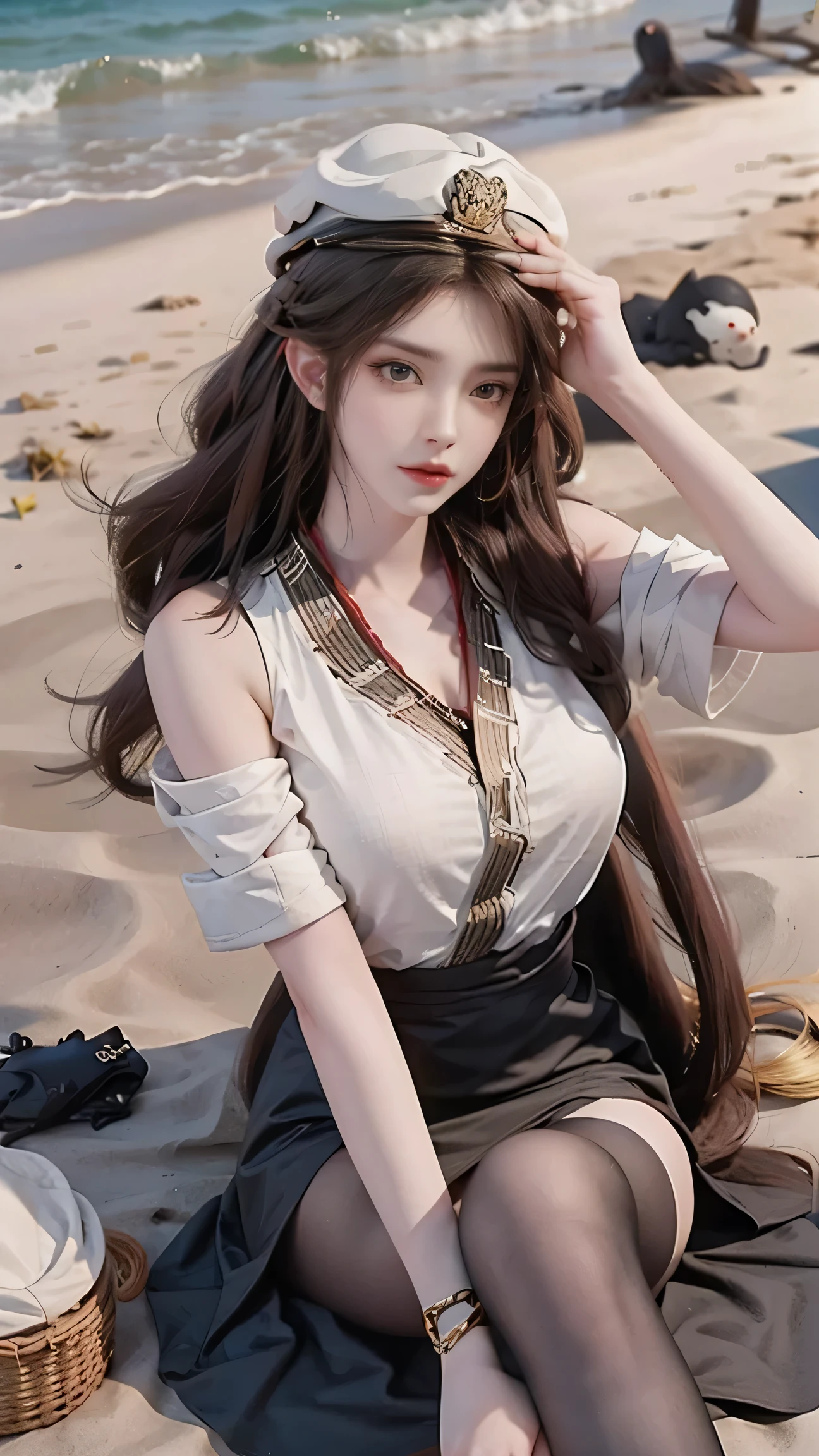 uniform11,police uniform,hat, (masterpiece, best quality:1.2), 1girl, solo, ((bare shoulders)), (actual:1.37), ((lying on a beach)), ((Bird&#39;s eye view shot)), Sweet maiden, beautiful makeup, Exquisite makeup, Extremely beautiful eyes, long hair, curls, slim body, ((big breasts, Big breasts, cleavage)), Sexy slender legs, The skirt is short, Leaking sexy legs, elegant posture, Dynamic posing, best quality, correct, correct hand, correct legs, anatomycorrect, official art, complex, detail&#39;s face, detail, lifelike, Very detailed, amazing, beautiful, Young and energetic, Charming model, Meticulous CG Uniform 8k wallpaper