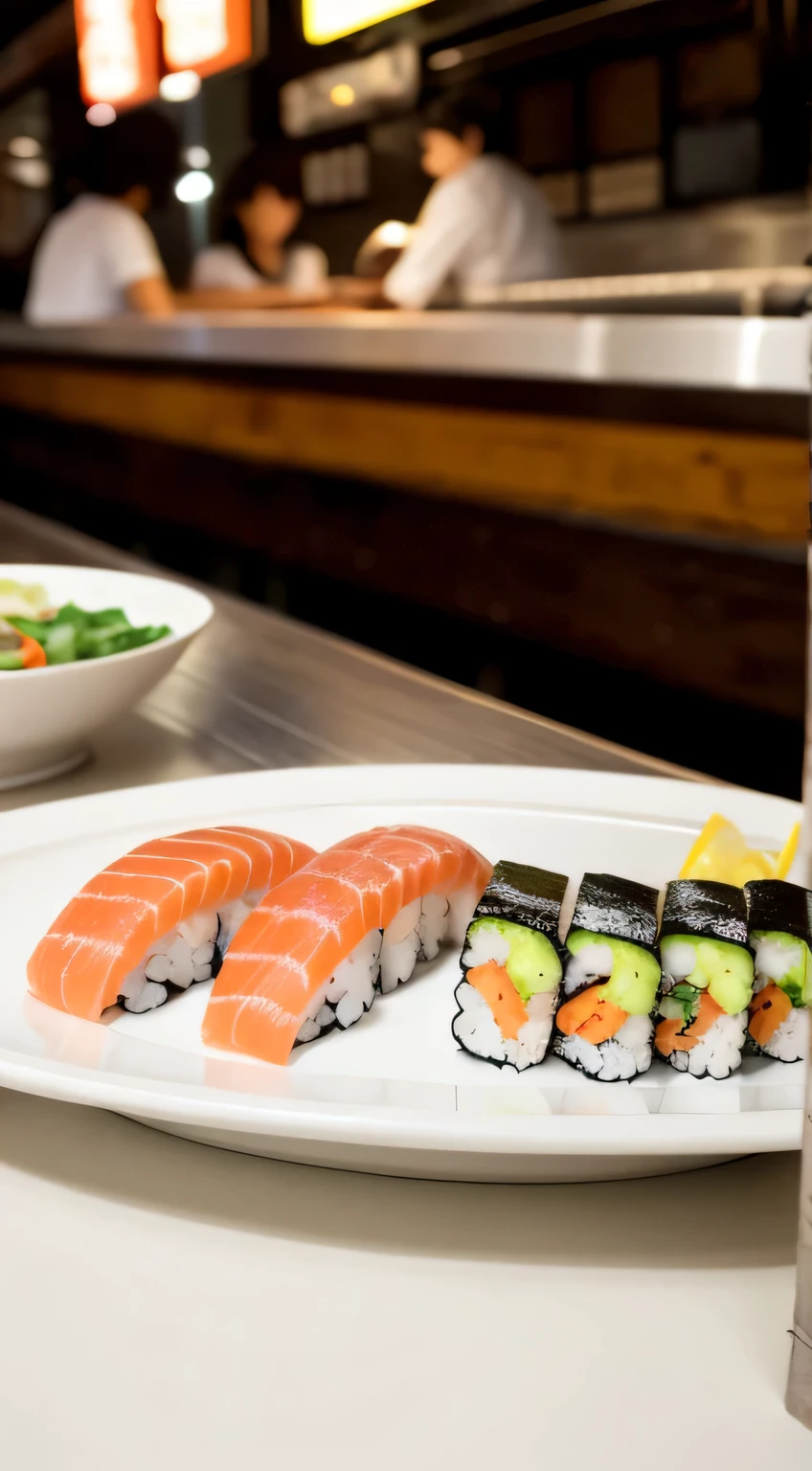 Obra-prima, A melhor qualidade, an amazing realistic sushi plate, street food in japan, Realismo delicioso, comida, fotografia de produto, Menu photo Fast comida restaurant environmental background, delicioso, lindo, Epic quality, epic realism, Epic resolution, condimentos, Molho de soja, perfeito, Fotografia complexa, Instacomida, Foto de comida,