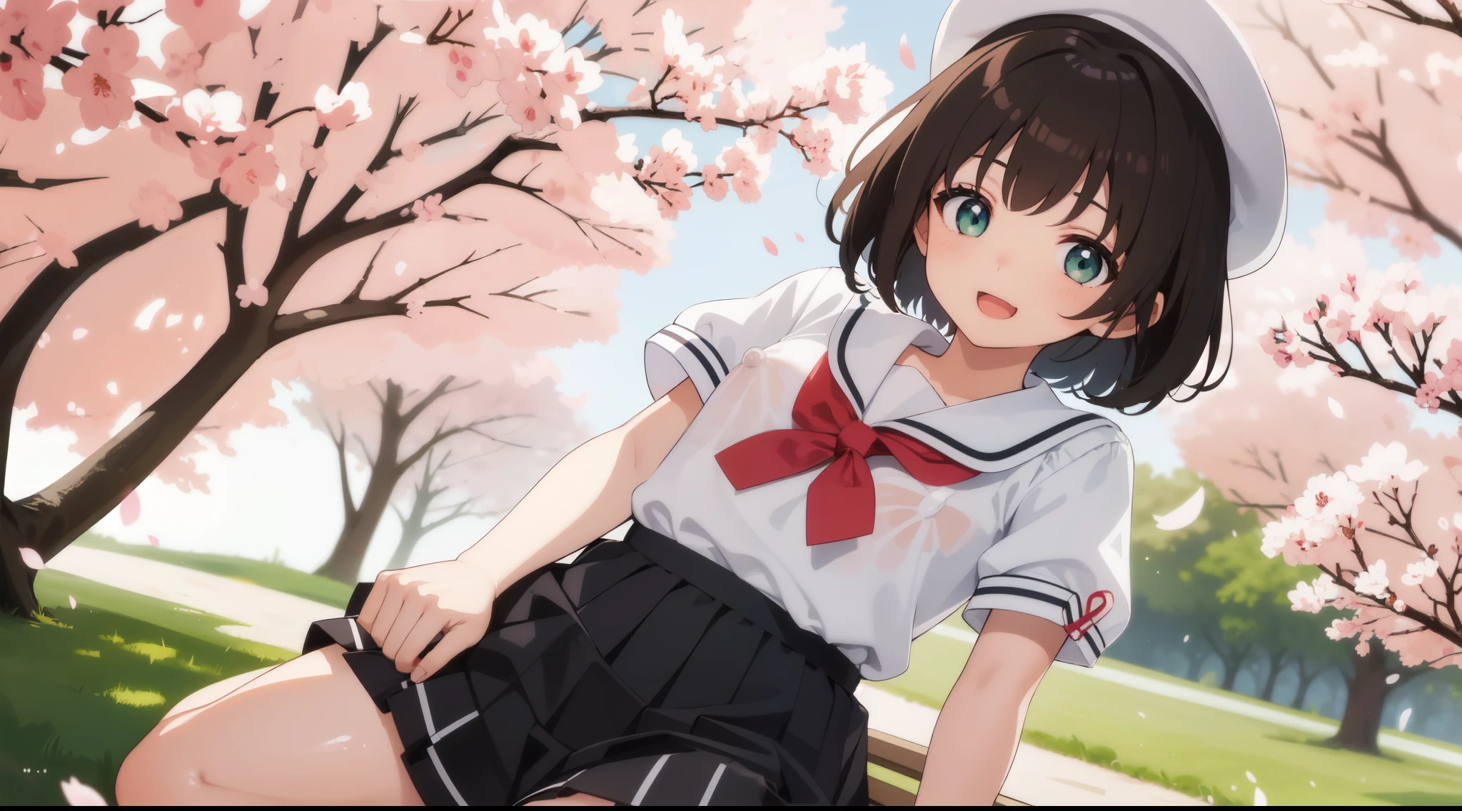 1 girl, kinomoto sakura, alone,Uniforms of Tomoeda Elementary School, green eyes, brown hair, skirt, , open your mouth, have, short sleeve, short hair, smile, petal, plump sleeves, black skirt, puffy short sleeve, antenna hair, white hat, cherry blossoms, sailor collar, :d, white shirt, open shirt, bangs, sit on a bench, open your legs wide, (((A large amount of semen cum inside the pussy))), (((Transparent small nipples)))