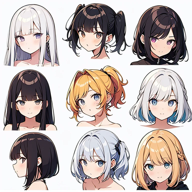 9 girls, white background,  different characters, multiple views, (Close up heads, portrait, mugshot), bra, bare shoulders, bikini, different hair colors, different hair styles, 
twin-tail hair style, 
pony-tail hair, wavy 
long hair, 
braid, 
parted bangs, 
high ponytail, 
low ponytail, 
big hair, cornrows, 
hair bun, 
hair rings, 
half updo hairstyle, 
diagonal bangs, 
two side up hair, 
flipped hair, 
blunt bangs, 

warm-toned hair colors, 
cool-toned hair colors, 
brown hair color, 
red hair color, 
yellow hair color, 
white hair color, 
purple hair color, 
blue hair color,