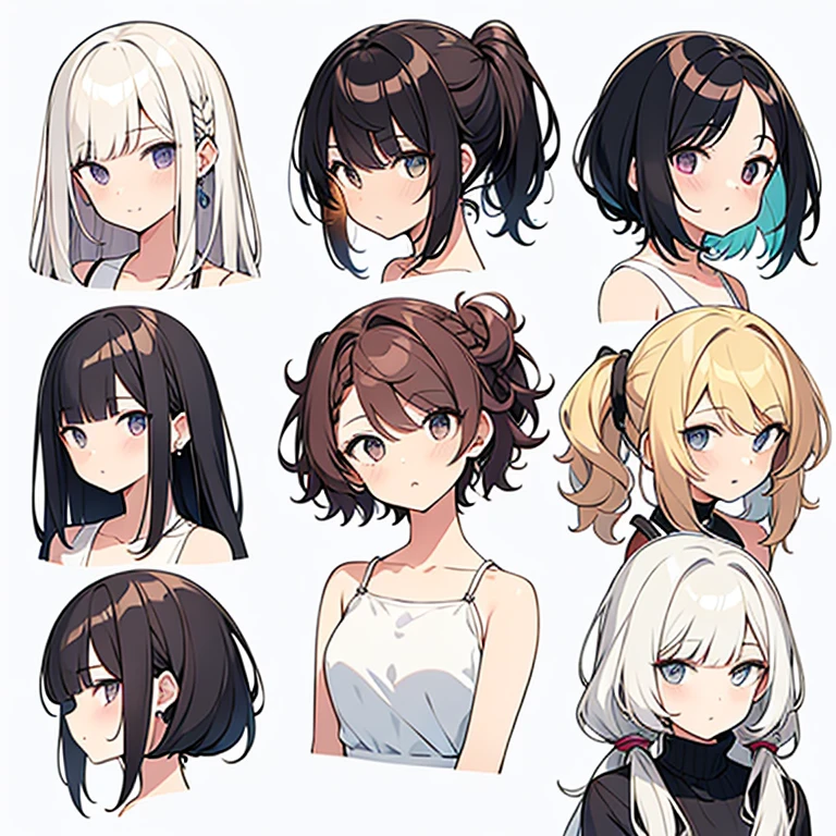 9 girls, white background,  different characters, multiple views, (Close up heads, portrait, mugshot), bra, bare shoulders, bikini, different hair colors, different hair styles, 
twin-tail hair style, 
pony-tail hair, wavy 
long hair, 
braid, 
parted bangs, 
high ponytail, 
low ponytail, 
big hair, cornrows, 
hair bun, 
hair rings, 
half updo hairstyle, 
diagonal bangs, 
two side up hair, 
flipped hair, 
blunt bangs, 

warm-toned hair colors, 
cool-toned hair colors, 
brown hair color, 
red hair color, 
yellow hair color, 
white hair color, 
purple hair color, 
blue hair color,