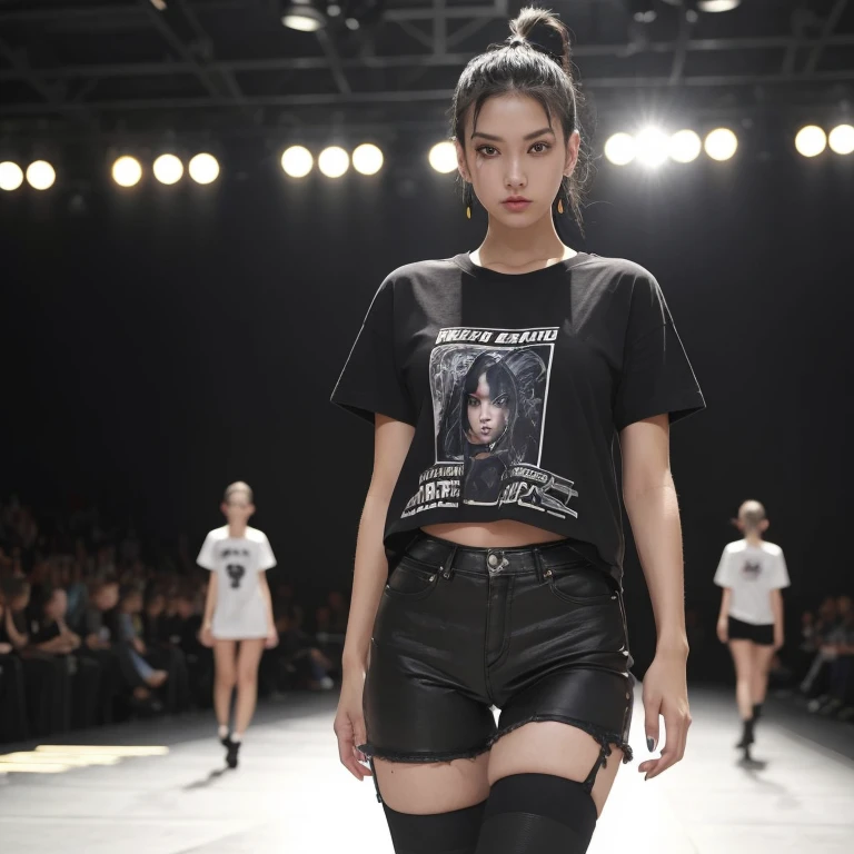 Walking on the runway, teenage girl, fair skin, thin body, height 170cm, weight 40kg, natural fingers, black hair, ponytail hair, black eyebrows, five small piercings in left ear, oversized cotton t-shirt, somewhat large t-shirt , black cotton t-shirt, there is no pattern on the t-shirt. Knee-high upper body, New York fashion model,
ultra high resolution, masterpiece, highest quality, ,perfectly lit, glowing skin, perfect lighting, detailed lighting, dramatic shadows, ray tracing, 1 female, looking at viewer, big breasts, dark eyes, piercing face, piercer, cyber Punk, long bangs
