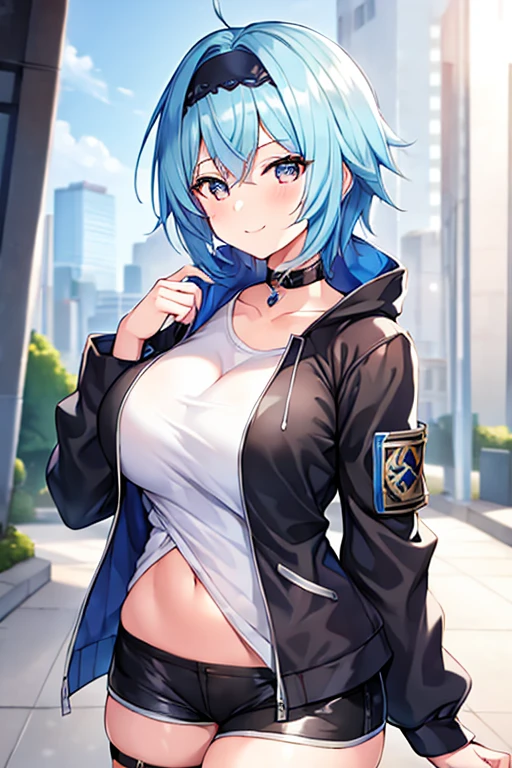 1girl, blue hair, very short hair, eula \(genshin impact\), black jacket, jacket, shirt, white shirt, black headband, headband, large breasts, breasts, thick thighs, hourglass figure, mature female, shorts, short pants, black shorts, urban, smile, normal clothes, simple clothes, happy, light smile, tall, tall female, city, cropped jacket, long shirt, 