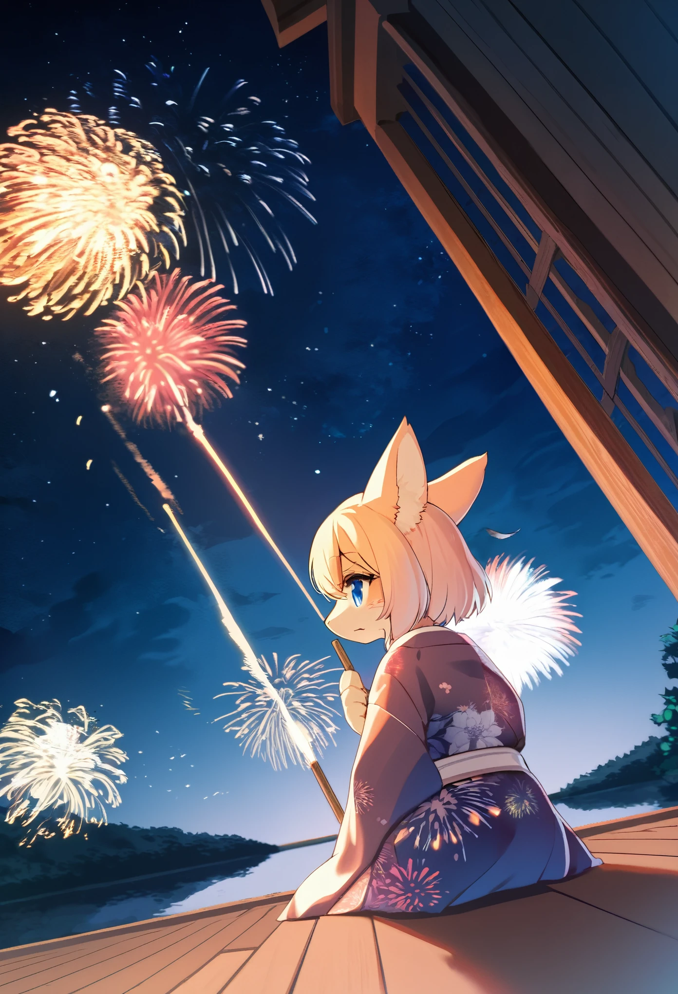 top quality, best quality, highres, masterpiece, super high resolution, detailed background, lake, nigh sky, firework, japanese yukata, absurdres, perfect anatomy, good lighting, cinematic shadow(1girl, kemono, furry anthro)assorted expressions, upper shot, dynamic angle,