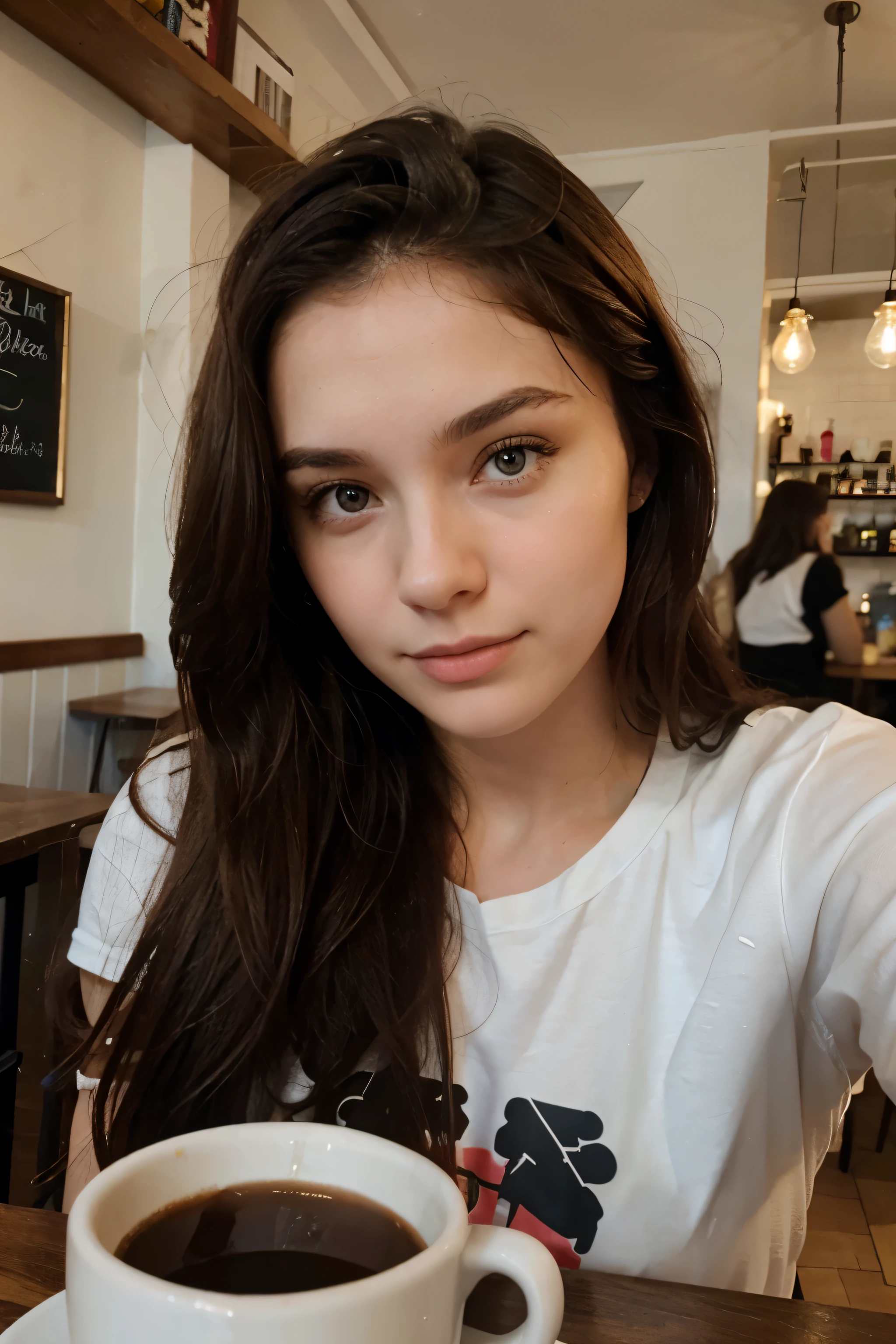 Foto de uma morena russa de 21 anos., ela tem um rosto muito fofo, She takes a cute selfie in a cafe and you can see her face very well