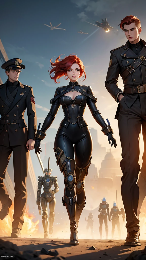 there is a woman standing in front of a group of robots, steampunk male portrait, compositing, beautiful android woman, stormy and grand war scene, inspired by Richard Avedon, a black dieselpunk policewoman, redhead woman, girl in suit, intricate fashion clothing, beautiful female soldier