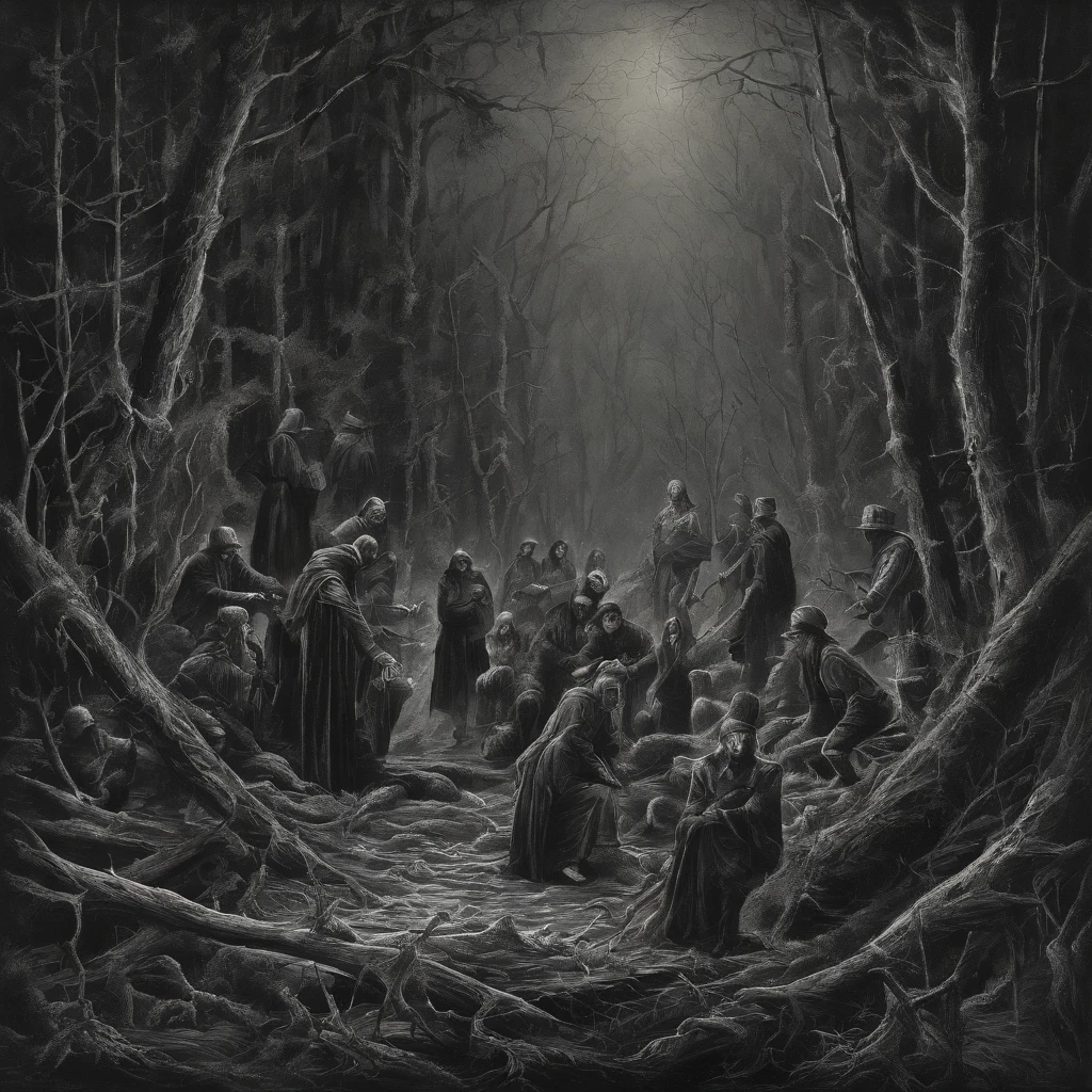 In a dense forest, enslaved by fear, a group of individuals is depicted. The main subject of the image is a gathering of people, their expressions etched with fear and anxiety. The image, presented as a powerful and haunting oil painting, captures the raw emotions of the subjects. Each figure is intricately detailed, their tattered clothes reflecting their oppressed state. The artist's masterful brushstrokes bring out the depth and intensity in the eyes, conveying the torment they endure. The play of light and shadow adds a layer of mystery and suspense, further immersing the viewer in this gripping portrayal of human struggle. This exceptional artwork transports viewers to a realm of unease and compels them to confront the dark realities of oppression.