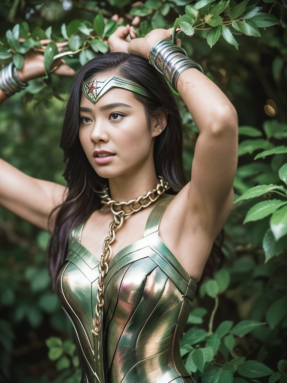 1 girl, beautiful girl, wonder woman, (((shackles on the tree)), ((Put down the shackles and arms, chain lead, metal collar, The wrists are tied)), , slavery, restraint, in the dark jungle, mud, moss, best quality, masterpiece, ultra high resolution, (lifelike:1.4), original photo