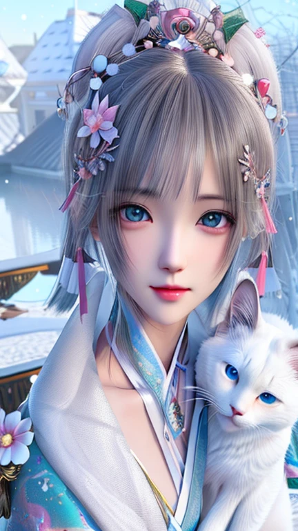Anime girl holding a white cat in her arms, trending on cgstation, palace , girl in hanfu, 8K high quality detailed art, 4K high-definition digital art, cute detailed digital art, Gwaites style artwork, cute realistic portrait, beautiful digital artwork, anime style 4k, very beautiful cute cat girl, Realistic anime 3d style