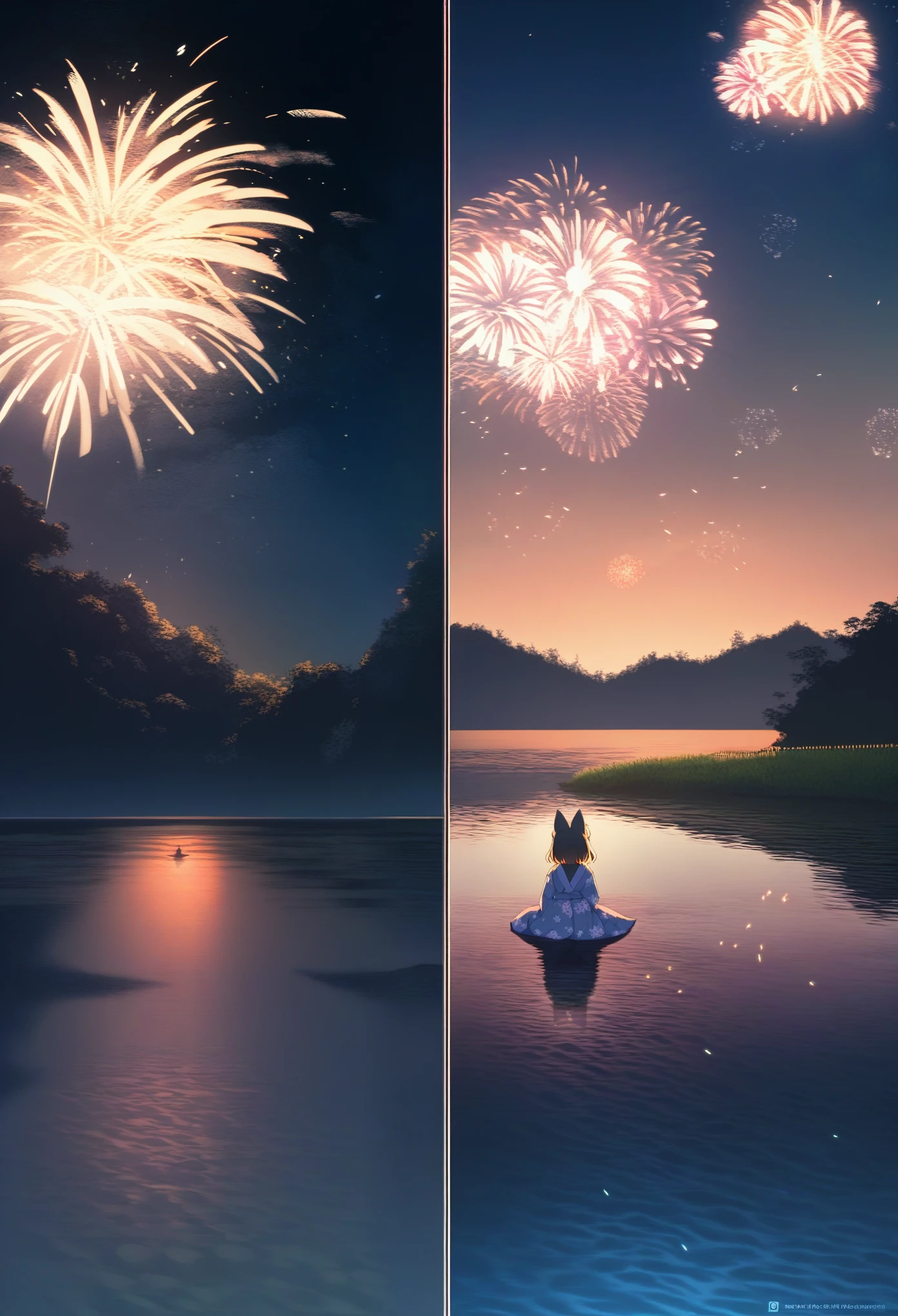 top quality, best quality, highres, masterpiece, super high resolution, detailed background, lake, nigh sky, firework, japanese yukata, absurdres, perfect anatomy, good lighting, cinematic shadow(1girl, kemono, furry anthro)assorted expressions, upper shot, dynamic angle,