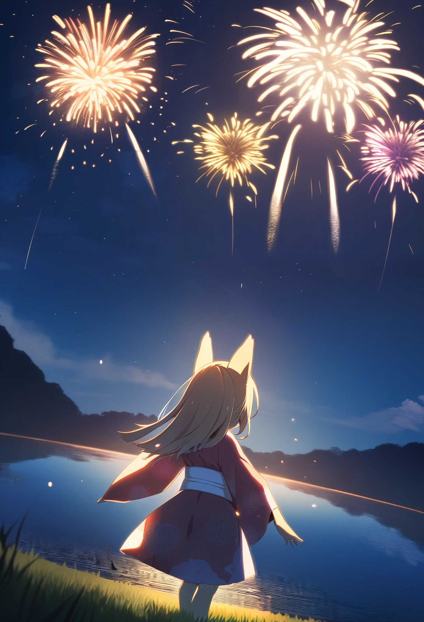 top quality, best quality, highres, masterpiece, super high resolution, detailed background, lake, nigh sky, firework, japanese yukata, absurdres, perfect anatomy, good lighting, cinematic shadow(1girl, kemono, furry anthro)assorted expressions, upper shot, dynamic angle,