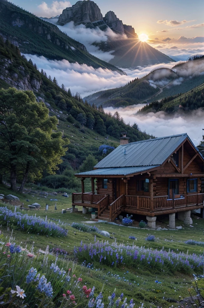 Create an image of a cabin with several blue flowers around it in the mountains on a foggy sunset