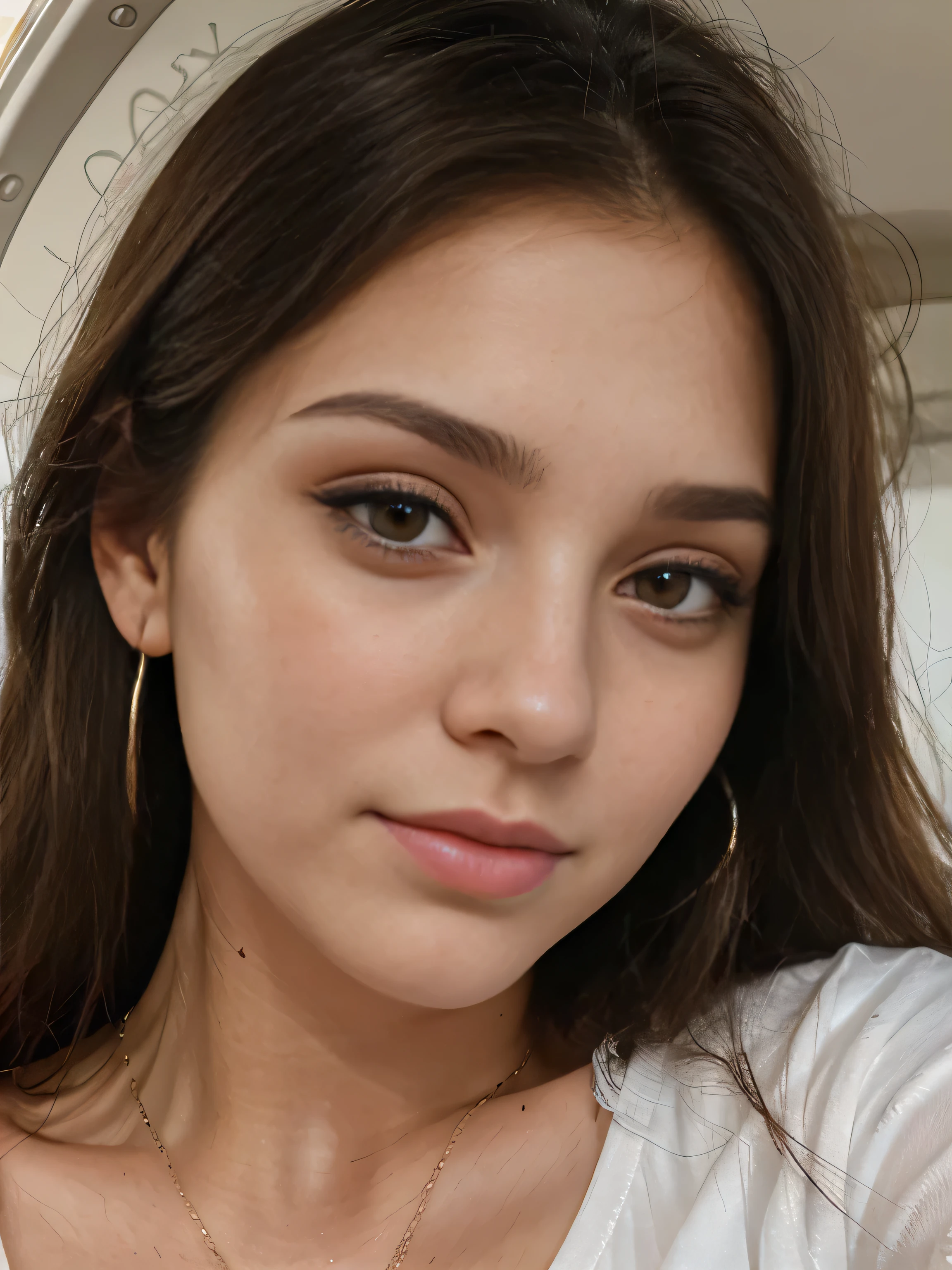 Foto de uma mulher morena de 20 anos, que tem um rosto muito natural,  labios finos, olhos finos, Sobrancelhas finas, nariz fino, brincos, long eyelashes. She takes a cute selfie in a helicopter