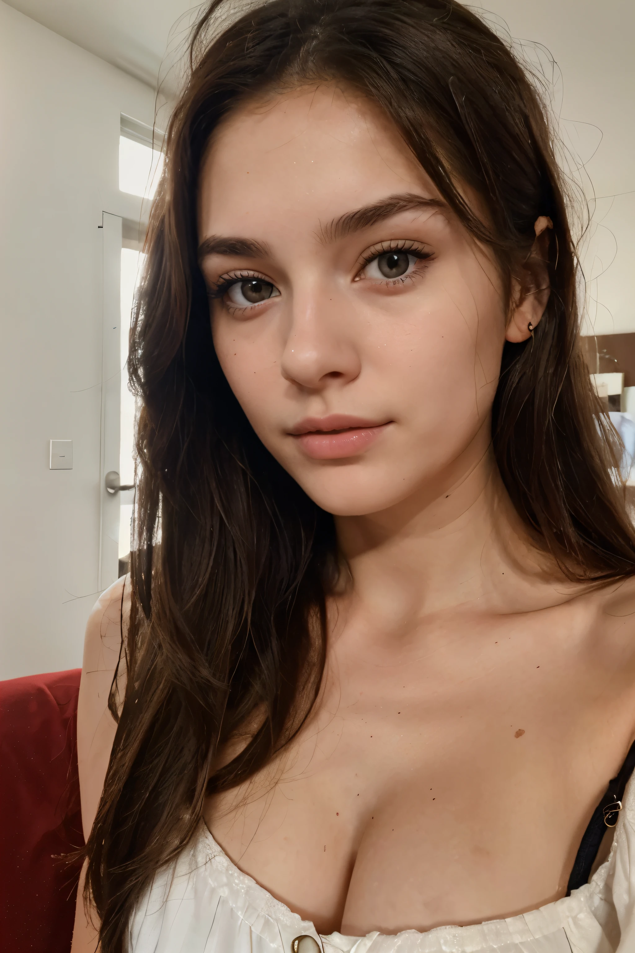 Foto de uma mulher morena de 20 anos, que tem um rosto muito natural, labios finos, olhos finos, Sobrancelhas finas, nariz fino, Brincos, long eyelashes. Ela tira uma selfie fofa, fechar-se, vista frontal,