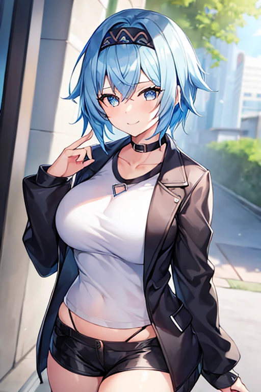 1girl, blue hair, very short hair, eula \(genshin impact\), black jacket, jacket, shirt, white shirt, black headband, headband, large breasts, breasts, thick thighs, hourglass figure, mature female, shorts, short pants, black shorts, urban, smile, normal clothes, simple clothes, happy, light smile, tall, tall female, city, cropped jacket, long shirt,