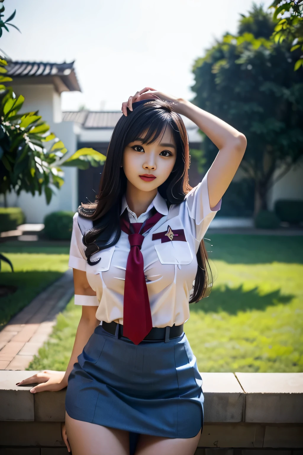 Beauty Indonesian woman in student uniform, beauty big breast, show pubic hairs, vivid colors, bokeh