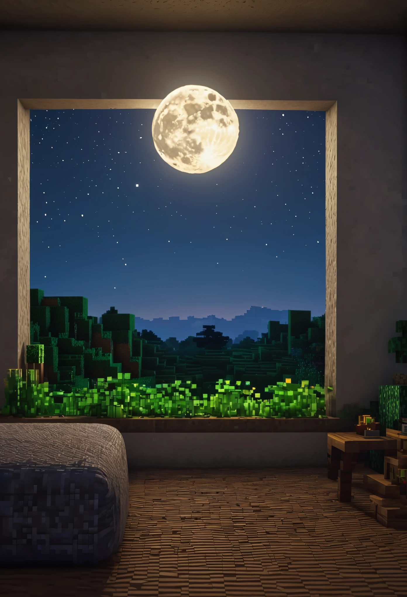 Un aldeano de Minecraft viendo la luna en su casa, realista ,y con cometas pasando en el cielo con calidad de imagen 4K