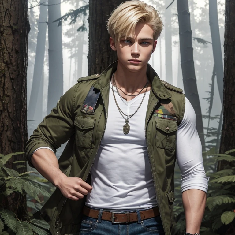 a handsome, attractive, slender, delicate elf, livid pale skin, short platinum blonde hair, light blue eyes, muscular torso, wearing a grass green costume with golden details of leaves, in the background of a forest with wooden houses,