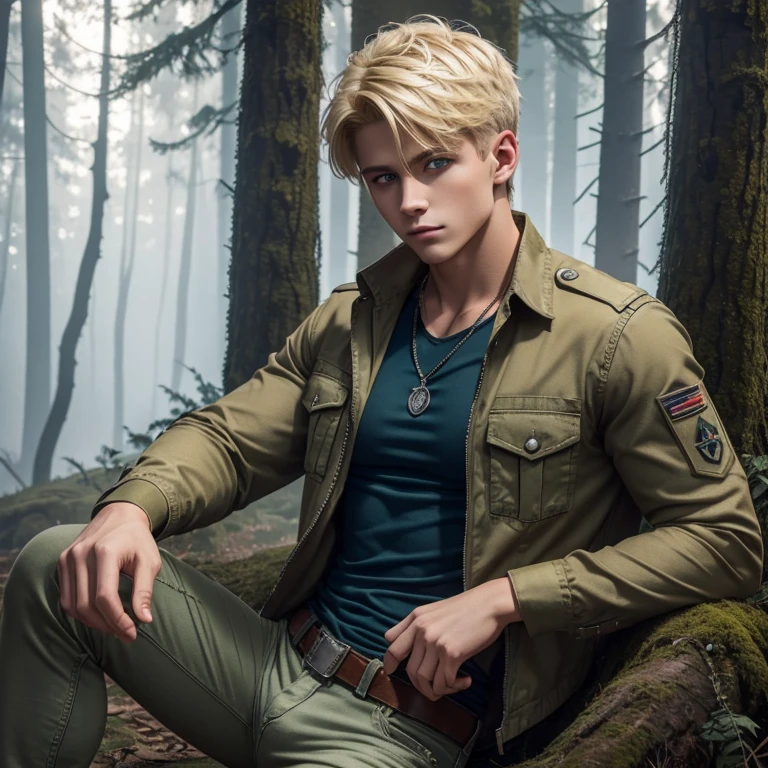 20-year-old man green military print vest white shirt brown jeans muscular build necklace with wolf emblem blonde hair military short blue eyes looking straight at viewer background of forest with fog