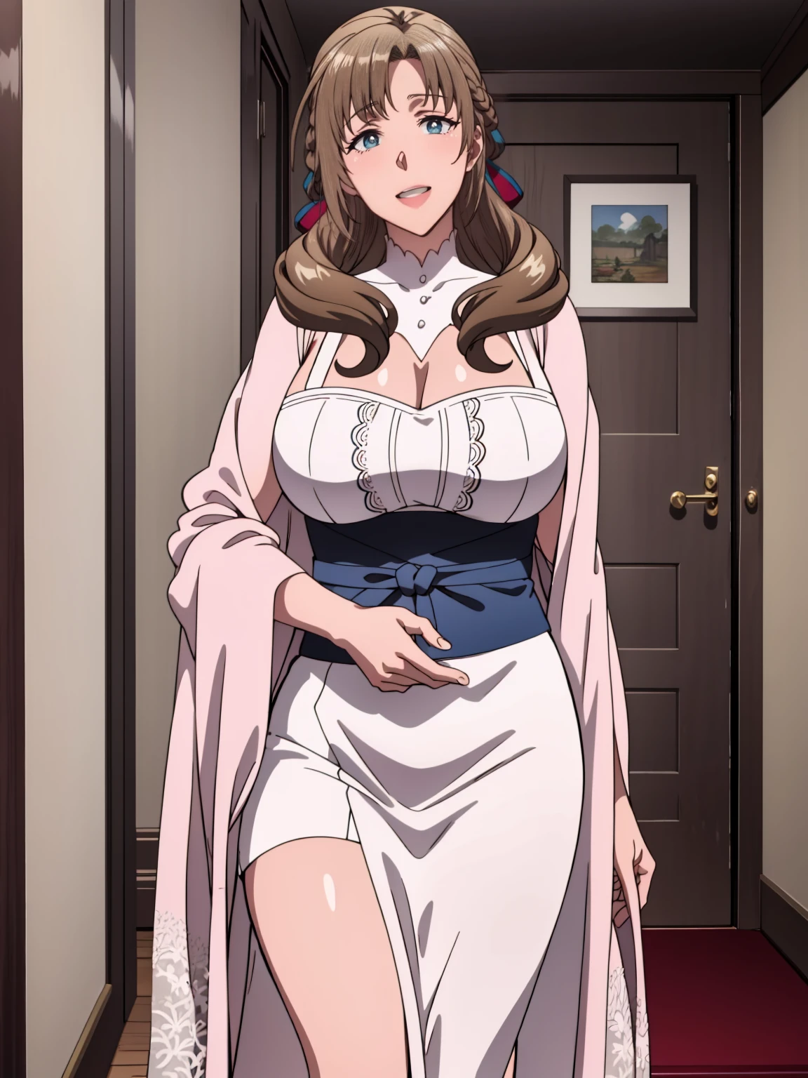 masterpiece:1.2, (best quality), (real picture, intricate details, depth of field), mamako_oosuki,mature female, 40-year-old mature woman, ((huge natural breasts)), sagging breasts, long hair,brown hair,purple eyes, puffy lips, thick lips , painted lips, cleavage ,wide hips, ((huge thighs)), Seductive smile, parted lips, head tilt, hand on own face, night gown, see-through, lace, earrings, indoors, doorway, night, dark background, moody lighting,