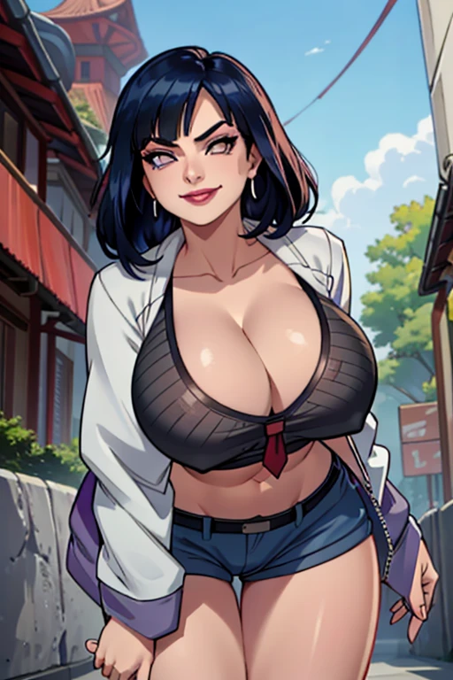 Hinata, black hair1girl, solo, mole above mouth, earrings, red eyes, jewelry, makeup, lipstick, looking at viewer, necktie, red hair, asymmetrical hair, blurry, food, red necktie, stud earrings, mole, blurry background, red lips, nose, day, shirt, upper body, lips, mouth hold, eyeshadow, depth of field, short hair, outdoors, mascara, medium hair, big breasts, fat breasts, thick thighs, best quality:1.3), (4K quality), ashe overwatch , ((detailed face)),((smile)), ((curvy body)), (big breasts), sexy, (( cut hair )), ((thong pants cleavage)), ((blue sky)), ((leaning forward)), looking at viewer, necktie, white hair, asymmetrical hair, blurry, food, red necktie,