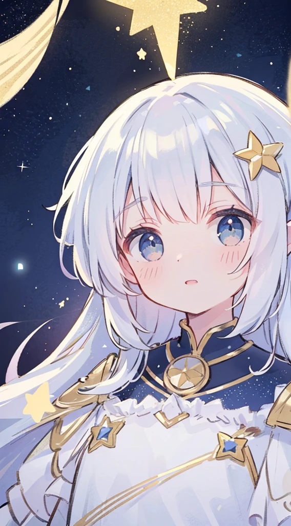Best quality, masterpiece, ultra high resolution, clean facial features, flat desigen, wide shot, face to viewer, complex background, wishing star background, ethereal mystical traslucent dress, mystical, complex drawing, highly detailed, ethereal, starry night, midjourney style star, glowing in the dark