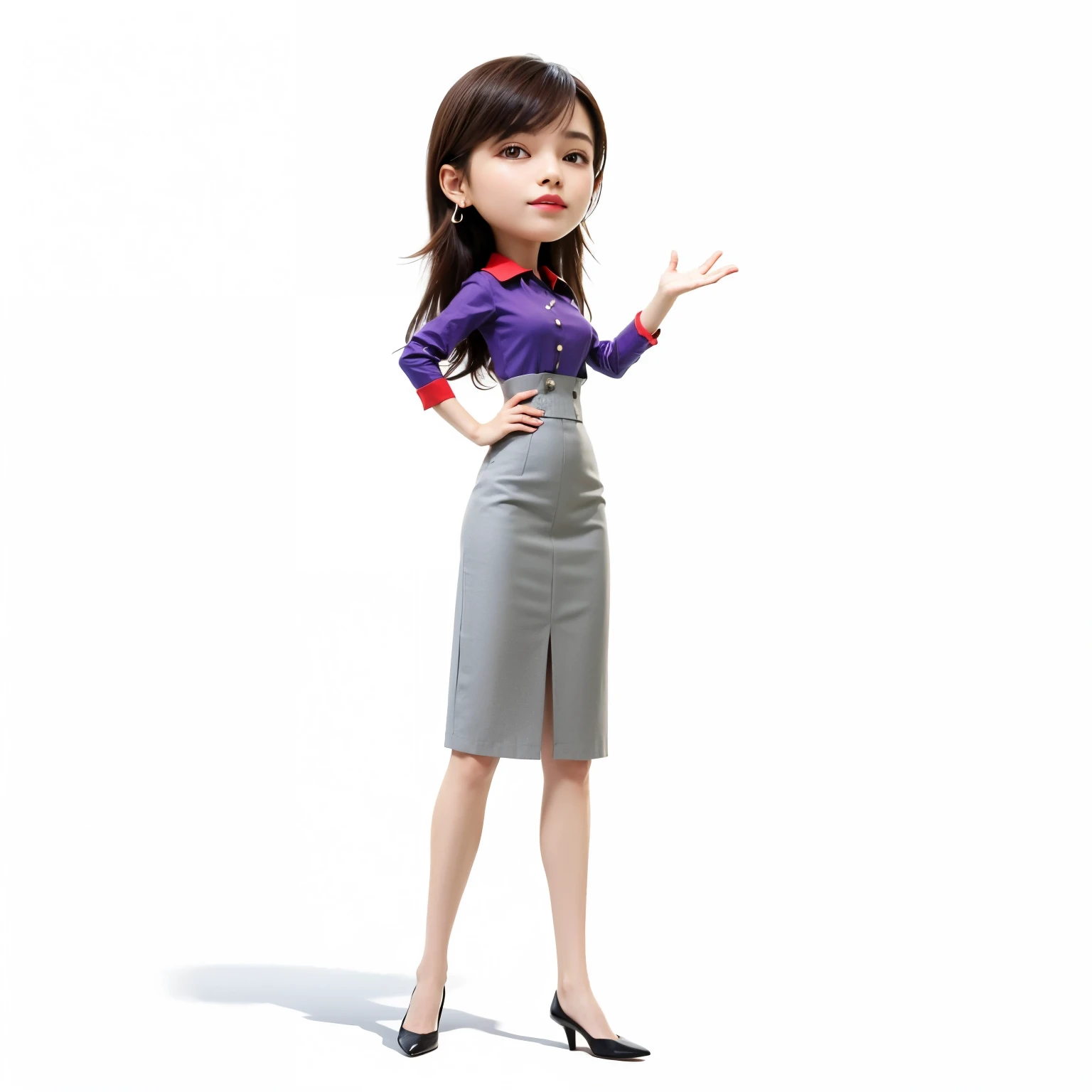 uma mulher com saia e camisa roxa, woman in office dress, pose formal de retrato estilizado, business woman