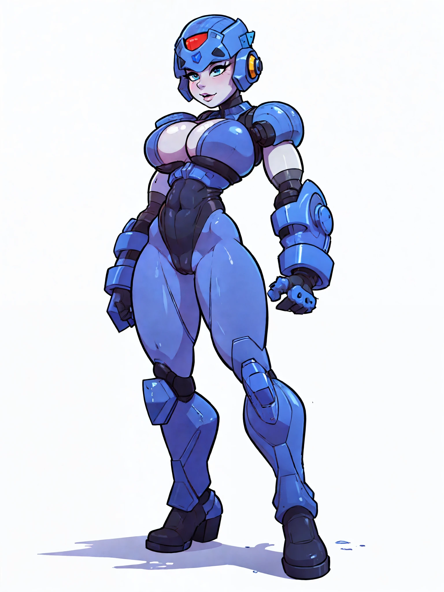 beautiful, (((masterpiece))), (gigantic breasts:1.4),  her gloves and boots maintain the same sleek, ((detailed face:1.2)), puffy lips, seductive eyes, robotic aesthetic. While retaining a humanoid shape, highly detailed robot, feminine figure,thick legs, muscular, slendered abs