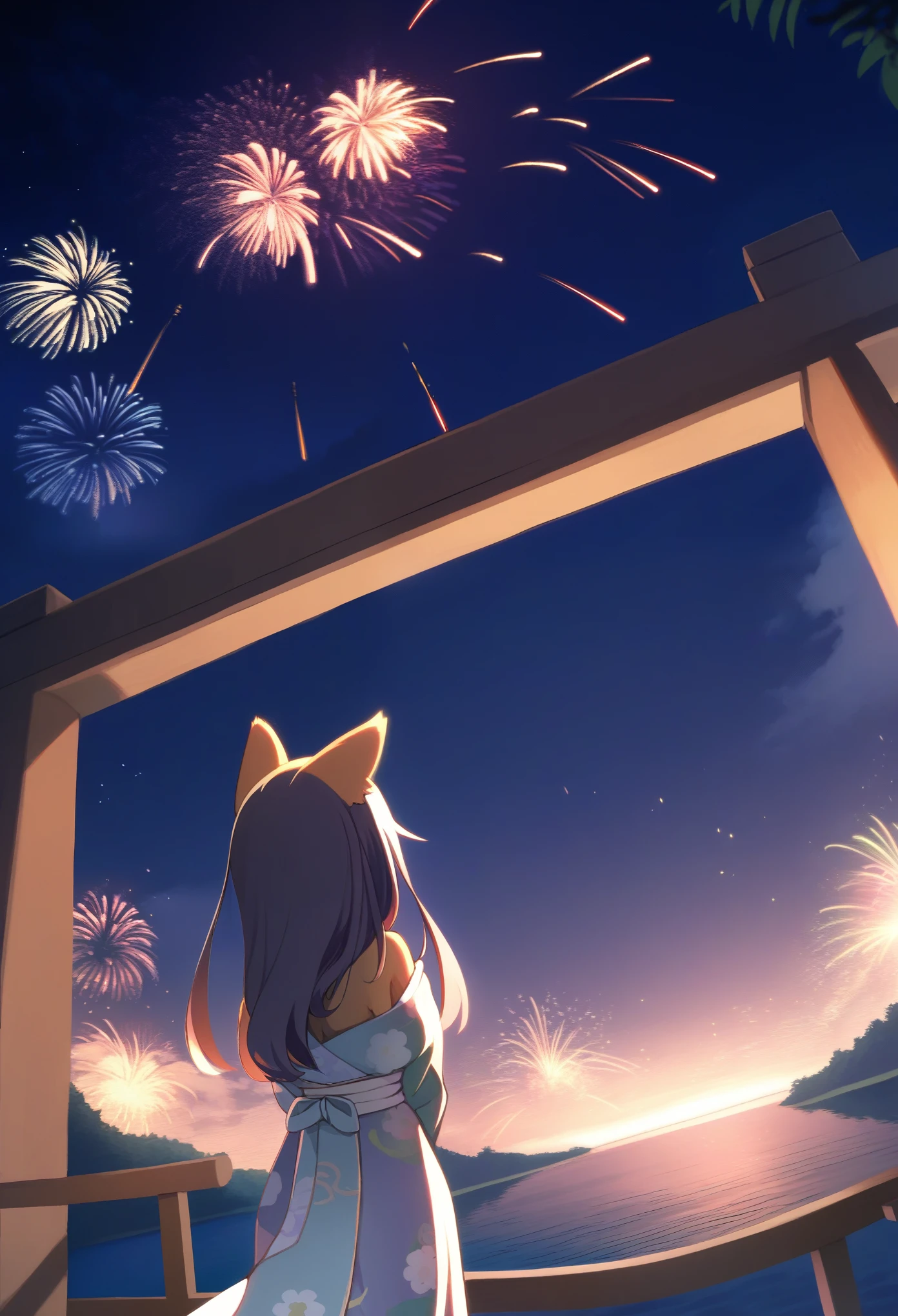 top quality, best quality, highres, masterpiece, super high resolution, detailed background, lake, nigh sky, firework, japanese yukata, absurdres, perfect anatomy, good lighting, cinematic shadow(1girl, kemono, furry anthro)assorted expressions, upper shot, dynamic angle,