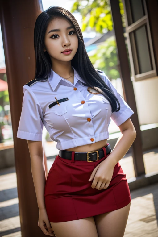 Beauty Indonesian woman in student uniform, beauty big breast, show pubic hairs, vivid colors, bokeh