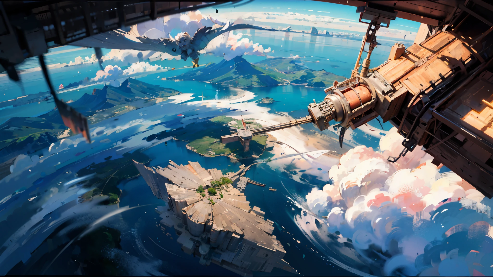 (An islands (floating:1.5) above the clouds), a river flowing from the center of the island, and a falling waterfall (looking down from directly above),