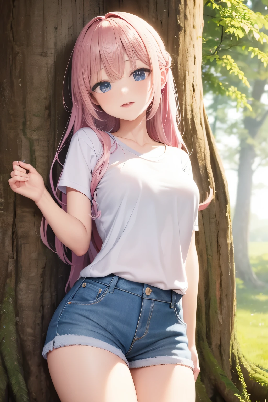 masterpiece, highest quality, Super detailed), Portrait of an 18 year old woman with light brown hair, curled light blue eyes, silver hair、pink hair、medium hair、Smiling blue shorts in a beige blouse and blue jeans are singing from under the tree。 (Leaning against a tree) and reading a brown book、