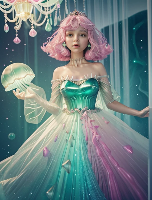 ((Gelatinous pink and green and crystal mixed -Jelly fish Dress)) worn by a  beautiful Princess with silver glittery strands of hair, pastel blue-diamond layered gelatinous   inside a  glass room as she spreads her hands to galaxies around her she has a  aura of ethereal blue light making the room glow softly