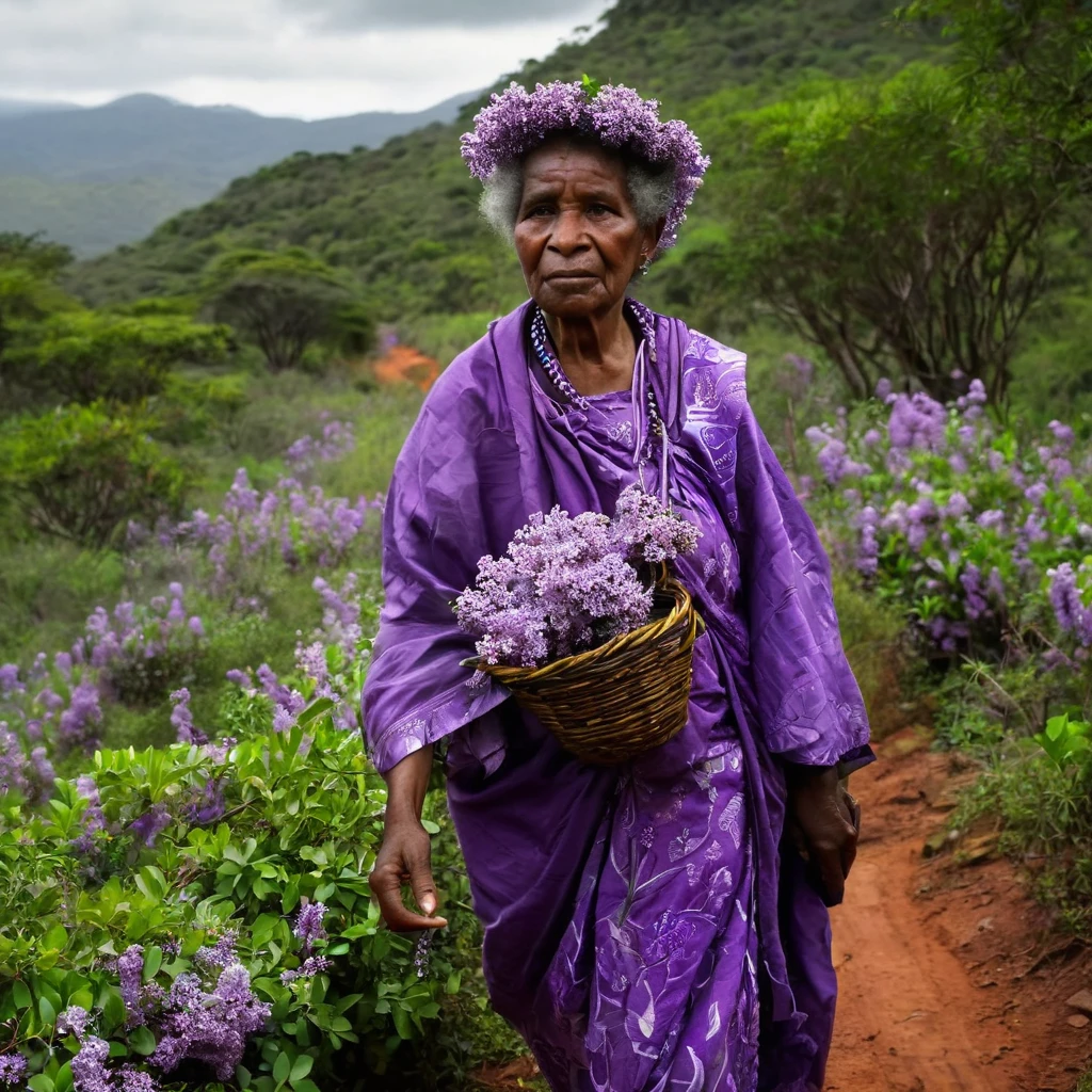 Velha negra, 75 anos, caminhando no pantano, com olhar triste, cabelos compridos e brancos. Roupa africana lilas. dark scenery, pantano, lama, vagalumes 