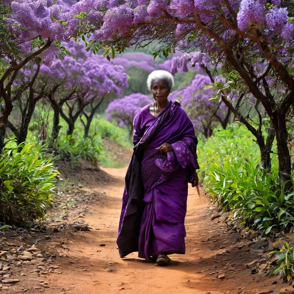 Velha negra, 75 anos, caminhando no pantano, com olhar triste, cabelos compridos e brancos. Roupa africana lilas. dark scenery, pantano, lama, vagalumes