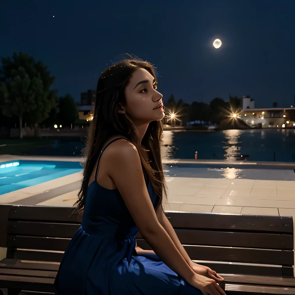 Girl sitting alone in night, blue dress, full moon, looking at sky, sitting in bench, side view, clear face