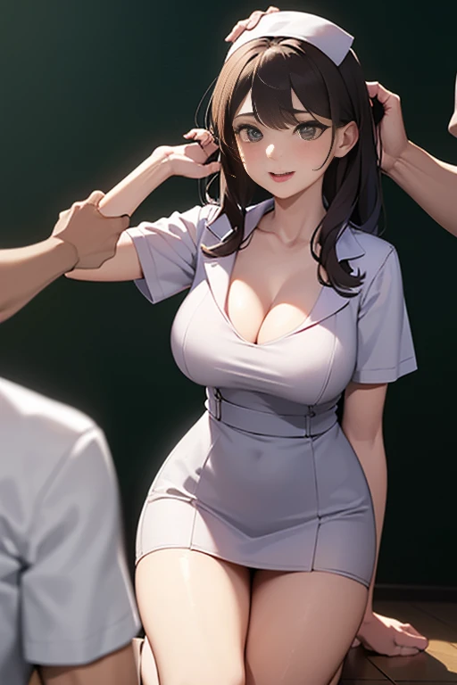 National Science Foundation, Female nurse crawls in front of man ,(Nurse Clothing:1.2), masterpiece, best quality, actual:1.4), (have光泽的皮肤), (ultra high definition, 8k wallpaper, High resolution), perfect , movie lighting, Physically based rendering, Award-winning, highly refined skin, The facial details are very rich, Beautiful Eye in every detail, (((1 girl and 1 person, couple, have ))), (A man standing in front of a kneeling woman, grab her head), big deal , girl happy to meet a guy, (Girl kneels in front of man:1.3), (The woman tilted her head), The girl looked at the man,(long brown hair, Bangesium  and cleavage, (The height of the thigh can be seen through), (obedient), (1 girl: nose, cheek, eyelash) , In the classroom at midnight, (1 person: Handsome guy wearing recruitment uniform, hold her head, stand in front of her, hold her head,Lick your face,touch your face,lick her head), Shot diagonally from the front,She made a face,closure ~ Eye,tired face,have着一张悲伤的脸,she was panting