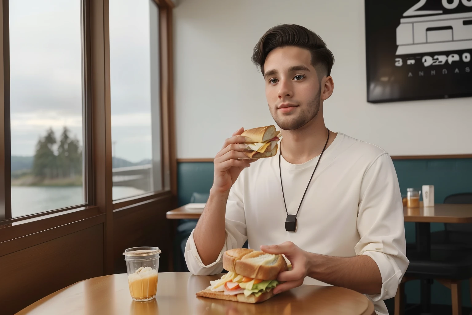 Sowell Bay, Washington, 2023. A young ((((30-year-old)) Cameron Cassmore)), in a cafe, eating a sandwich, ((((clothings from the 2020s)))), ((hairstyle of the 2020s))