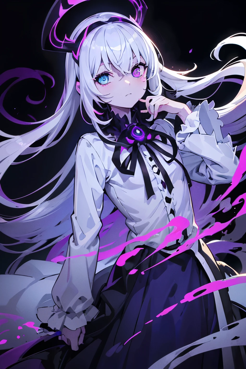 a creepy looking ((silhuette)) with ((white gas flowing)) from their glowing heterochromia eyes, with a dark background and a purple background, Ay-O, white, a character portrait, vanitas, (crazy), {small breasts} ,embroidered shirt, shiny skin, serenity eyes
