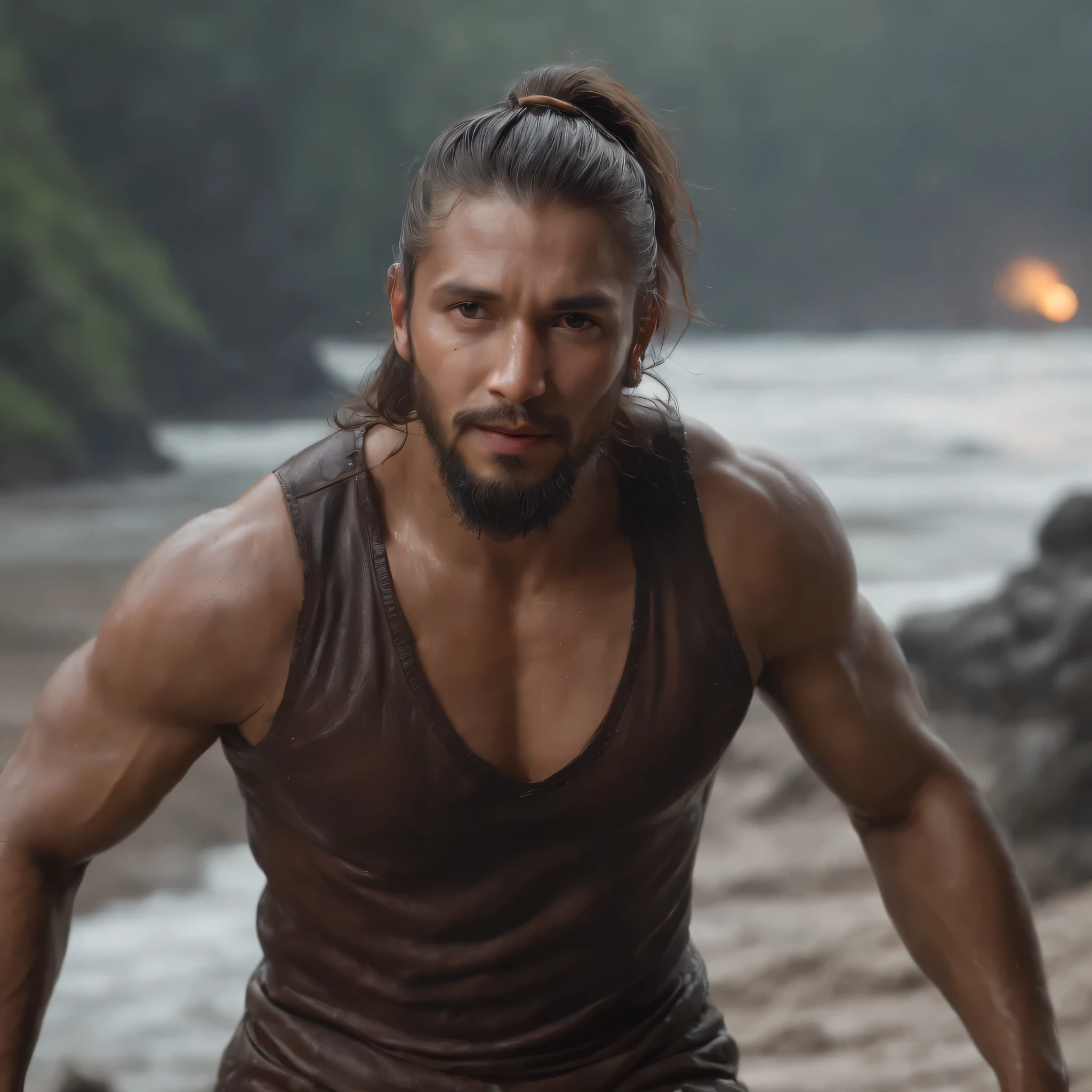 (Professional 3D rendering:1.3) de (Realistic:1.3) Foto de arte mais bonita do mundo,Features soft, bright male heroes, ((Epic hero fantasy rough muscular man wet hero angry look long hair short beard and fierce expression in dynamic pose, fantastic location, majestoso ambiente desordenado)), corpo inteiro 8k unidade render, action shot, poros da pele, very dark lighting, sombreamento pesado, circunstanciado, Rosto detalhado, (vibrante, fotogrdeia realista, Realistic, Dramatic, Escuro, sharp focus, 8k), (Old leather clothes damaged by bad weather:1.4), ((((Use peles)))), (intrincado:1.4), decadente, (altamente detalhado:1.4), pintura digital, rendering by octane, art stations, Conceito-Arte, liso, sharp focus, illustration, germe da arte, (Loish:0.23), Wlop Ilya Kuvshinov, e Greg Rutkowski e Alphonse Mucha Gracias, (global ilumination, studiolight, Light Volumetric), chuva forte, floating particles, patife, fantasia, Onze, corpo inteiroesbian, ((Fundo escuro e antigo da cidade:1.3)),CGSesociedade,Art stations stduo radio