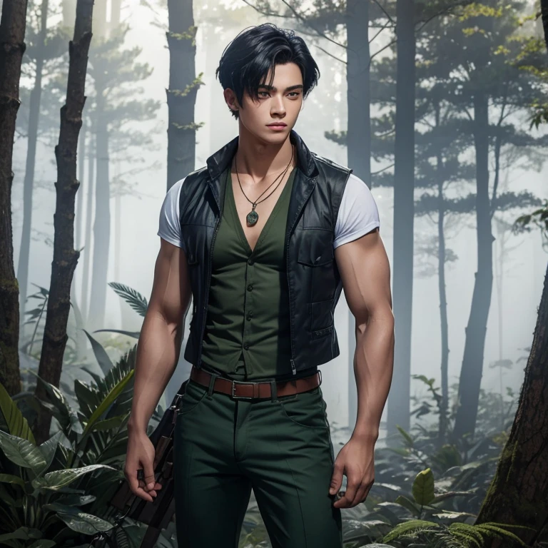 Anime, young male, forest, teenage, screensaver, caucassian masculine square face, green dark hair, cargo pants, topless, best quality, kneel