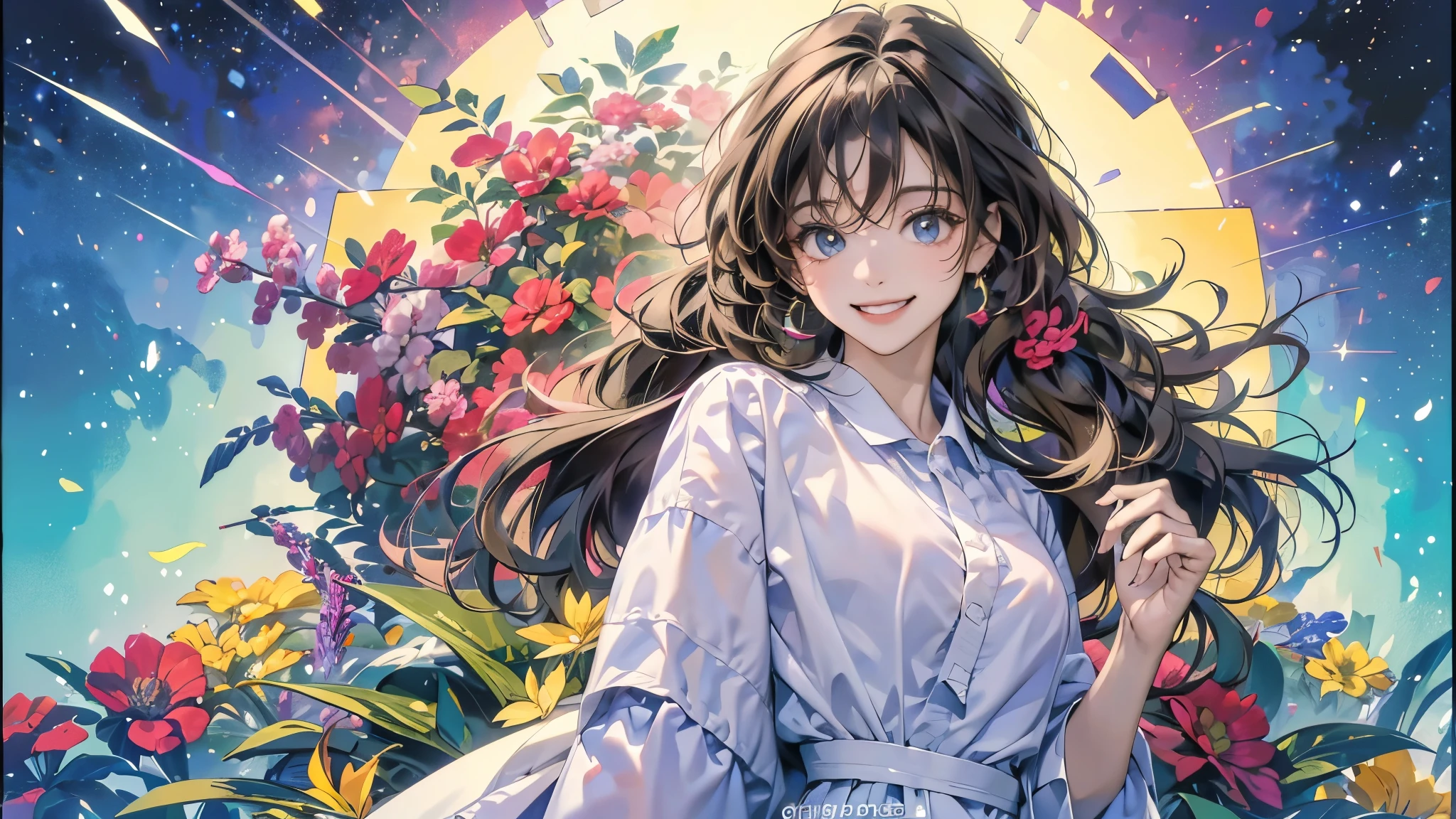 (8K、de primera calidad、obra maestra:1.2)、1 mujer、(sonrisa sonriente:1.1)、hermosos ojos、valle、La parte superior del cuerpo、pelo corto y detallado、Como un chico 、?????