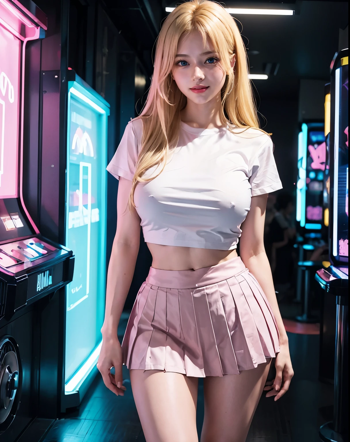 1girl, (Blue eyes), (smiling :1.2), (Sana Minatozaki), wide hips, Big tits, big ass, (hin waist), (ultra detailed and toned legs), (very thick and toned thighs), (Best Quality, 8k, Masterpiece: 1.3), Clear Focus: 1.2, Perfect Body Beauty: 1.4, Highly detailed face and skin texture, detailed eyes, double eyelids, (blonde long hair :1.2), (black pleated mini skirt :1.2), (pink t-shirt), standing, dynamic pose, in an arcade store, neon lights in the background