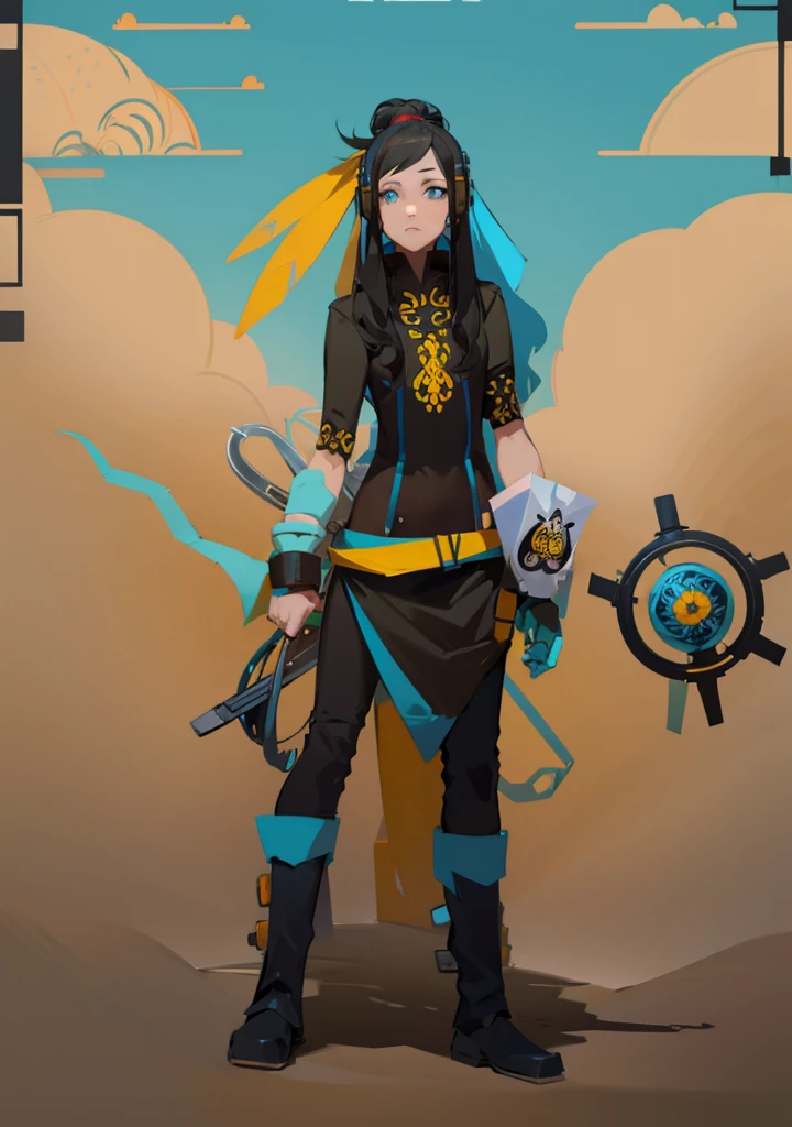 cyber punk black yellow blue clothes, a beautiful woman, hair bun, long hair, dark hair, wearing headset, tucking big bird feathers on her hair, blouse with beautiful mandala motive, mandala tattoo on her arms, (metal armored hand), (carrying large pliers and Hacksaw behind her), (holding wavy blade), sac bag on the left side, shawl around her hip, pants, boots