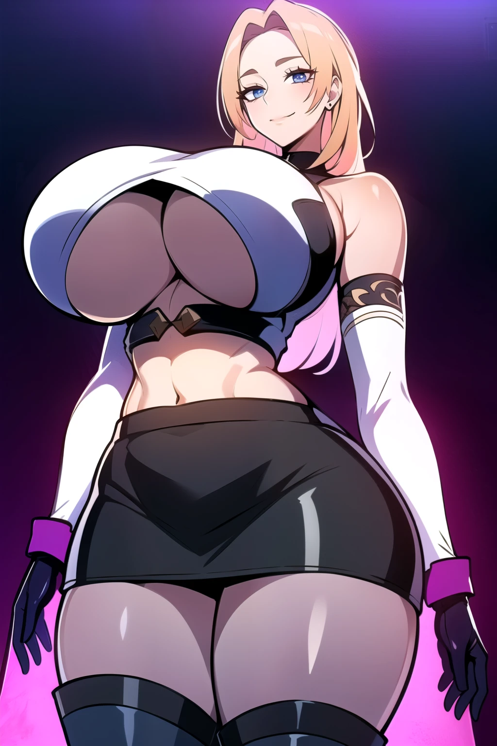 ultra realistic 8k cg, masterpiece, ((ultra detailed background, intricate detail, highly detailed, fine details best quality, hyperdetailed face)), gigantic breasts ,beautiful lighting, absurdres, BoaHancockV2, 1girl, solo, blond hair, long hair, jewelry, closed mouth, ), ((black crop top : 1.1), (underboob : 1.4), elbow gloves, thigh boots, split skirt, bare shoulders, curvy, midriff, curvy, thighs, shiny clothes), blue eyes, complex detailed background, inside, luxury palace), ((cowboy shot)), curvy, (gigantic breasts: 1.1), seductive smile, cowboy shot,
