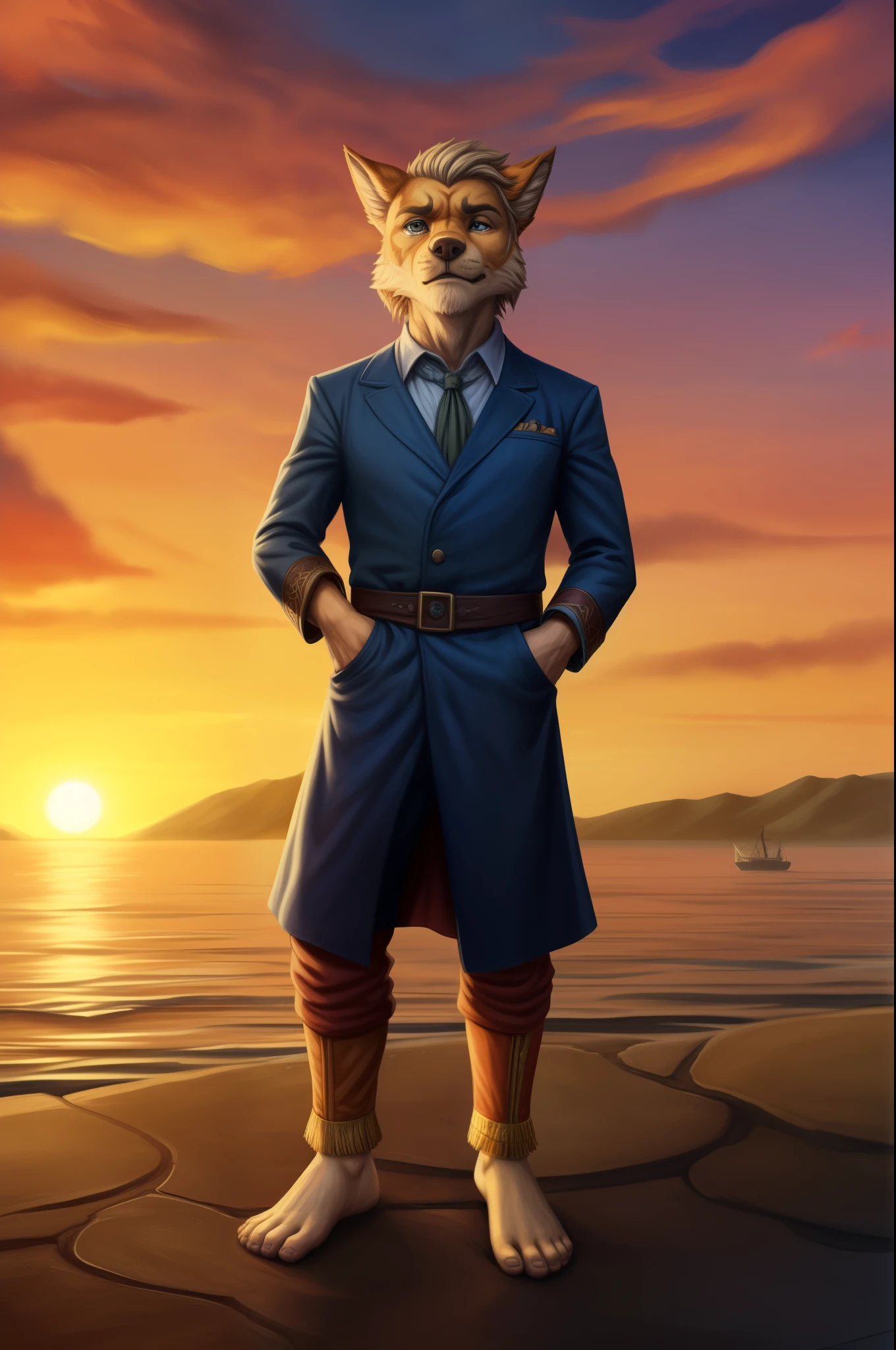 (((Barefoot furry character, full body, cinematic setting, male))) Masquerading as a man with a reason. My charade is the event of the season and if I claim to be a wise man, well it surely means that I don't know. On a stormy sea of moving emotion tossed about I'm like a ship on the ocean. I set a course for winds of fortune, but I hear the voices say: (Carry on my wayward son.) (There'll be peace when you are done.) (Lay your weary head to rest.) (Don't you cry no more.) BREAK, detailed background, 8K, (masterpiece:1.5), intricate details, highly detailed, extreme detail, octane render, fine art, best quality, highres, (detailed face:1.5), ((full_body)), UHD, (((perfect hands)))
