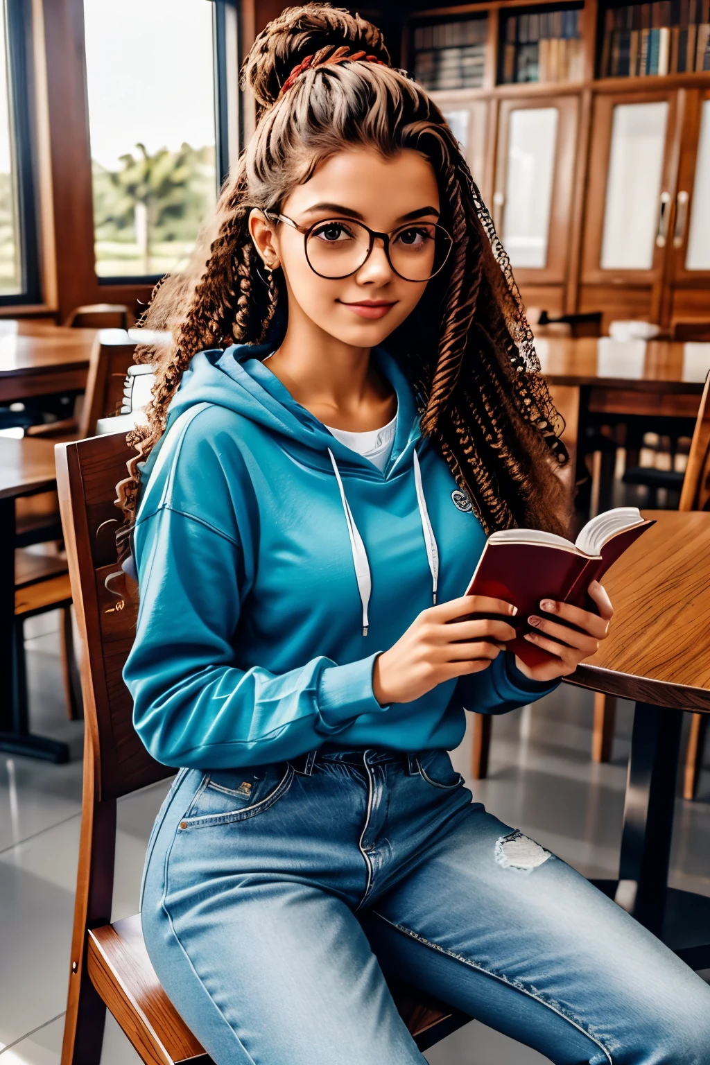 Descreva uma jovem branca ruiva mulher de aproximadamente 20 anos. Ela tem um corpo magro e pele clara e mede cerca de 1,65 de altura. Her hair is curly and long, she tied it in a bun.. Wear round glasses that complement your look. Your body expression conveys tranquility, e seu semblante reflete serenidade. He's wearing a blue sweatshirt, jeans and All Star sneakers. , imagem ULTRA HD 4K ambiente biblioteca ao fundo prateleiras em ferro, olhando para frente, melhorar imagem, nitidez, extremo detalhe, detalhado, rosto super detalhado e nitido, sitting in a chair drinking coffee reading a book