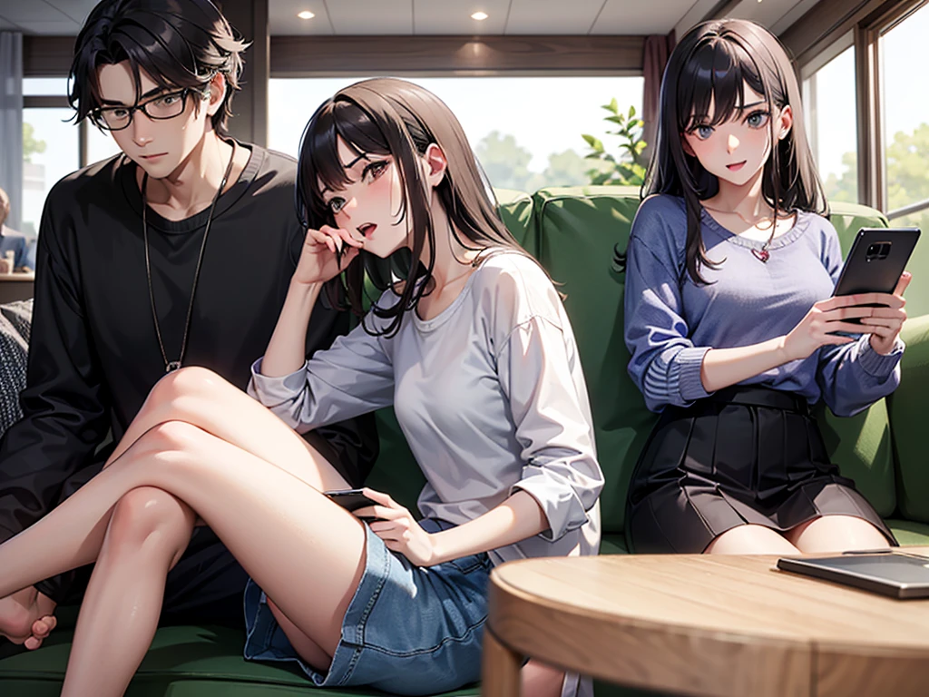 The girl (realistic face, angry expression) is sitting in the room (there is a TV, bed, chair) and there is a girl friend (real face, happy expression) they are both sitting next to each other.